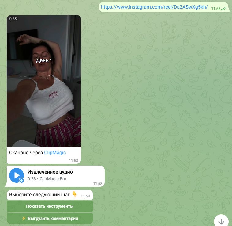 Ссылка на Reels и ответ ClipMagic с видео и отдельным аудио в Telegram Web